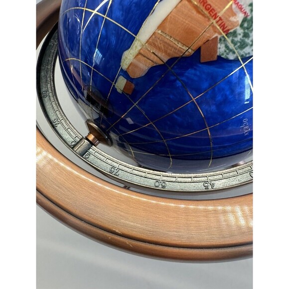 VINTAGE LAPIS LAZULI WORLD GLOBE DESK TABLE TOP GEMSTONES COPPER STAND COMPASS - Picture 16 of 16
